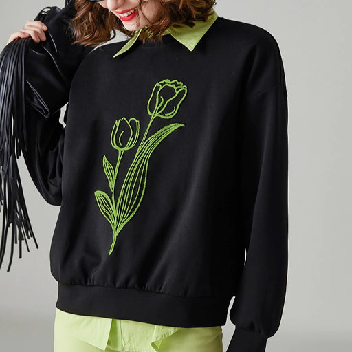 women's floral embroidered loose fit pullover - MRSLM