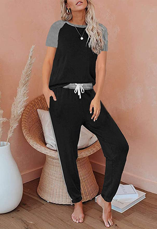 Solid Color Stitching Fashion Round Neck Short Sleeves Casual Suit