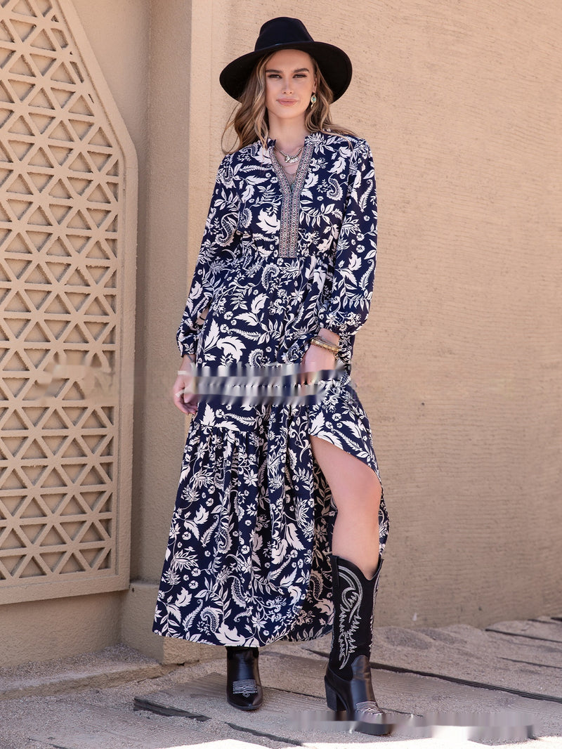 blue printed embroidered dress, view 2 - MRSLM