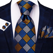 blue and gold plaid silk necktie set for men - MRSLM