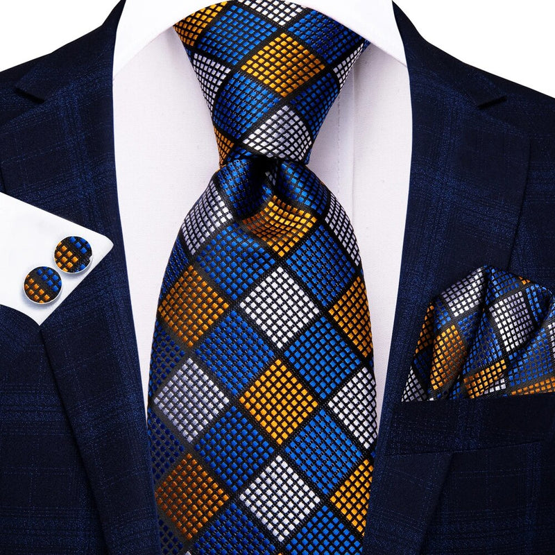 blue and gold plaid silk necktie set for men - MRSLM