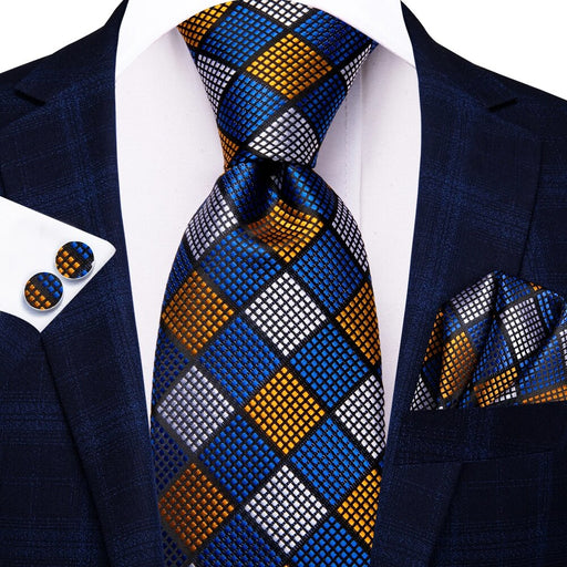 blue and gold plaid silk necktie set for men - MRSLM