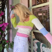 women's hollow knit long sleeve color matching top, view 4 - MRSLM