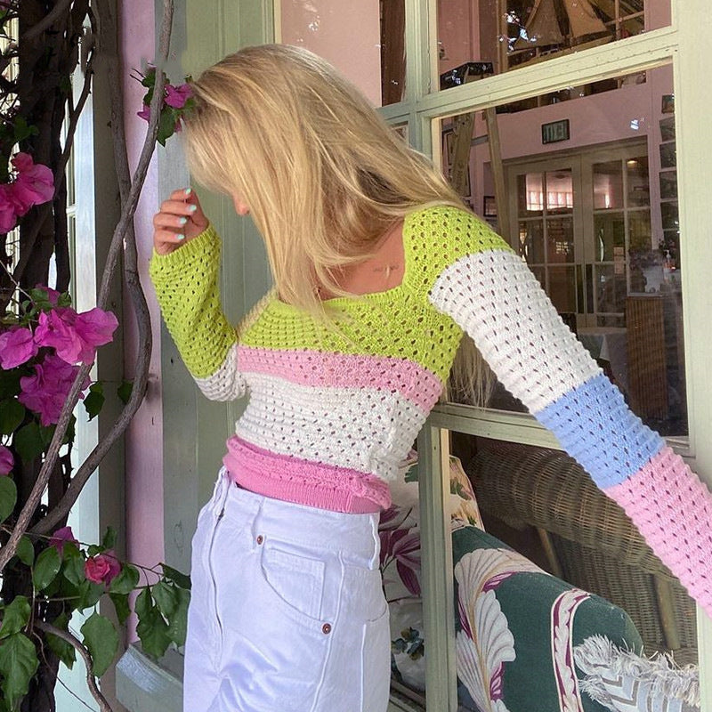 women's hollow knit long sleeve color matching top, view 4 - MRSLM