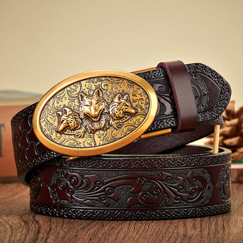 men's 3.5CM retro leather belt wolf buckle, view 4 - MRSLM