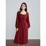 retro red long sleeve square neck dress, view 2 - MRSLM