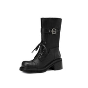 retro mid-calf buckle motorcycle boots for women, view 3 - MRSLM