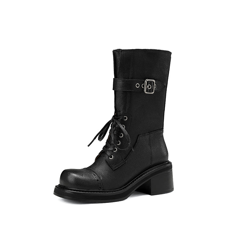 retro mid-calf buckle motorcycle boots for women, view 3 - MRSLM