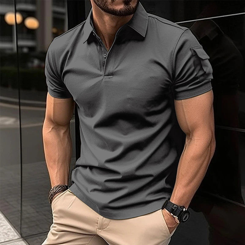Summer Men's Lapel Button Short Sleeve Pocket Sweatshirt