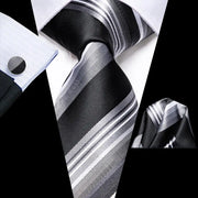 Black grey striped silk necktie set - MRSLM