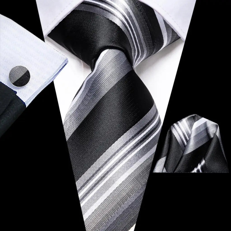 Black grey striped silk necktie set - MRSLM