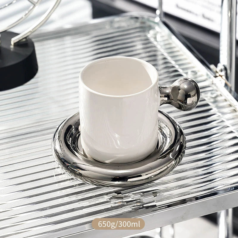 sunflower pearl glaze coffee mug with saucer, view 4 - MRSLM