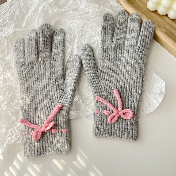 Solid-color bow warm finger gloves, view 3 - MRSLM