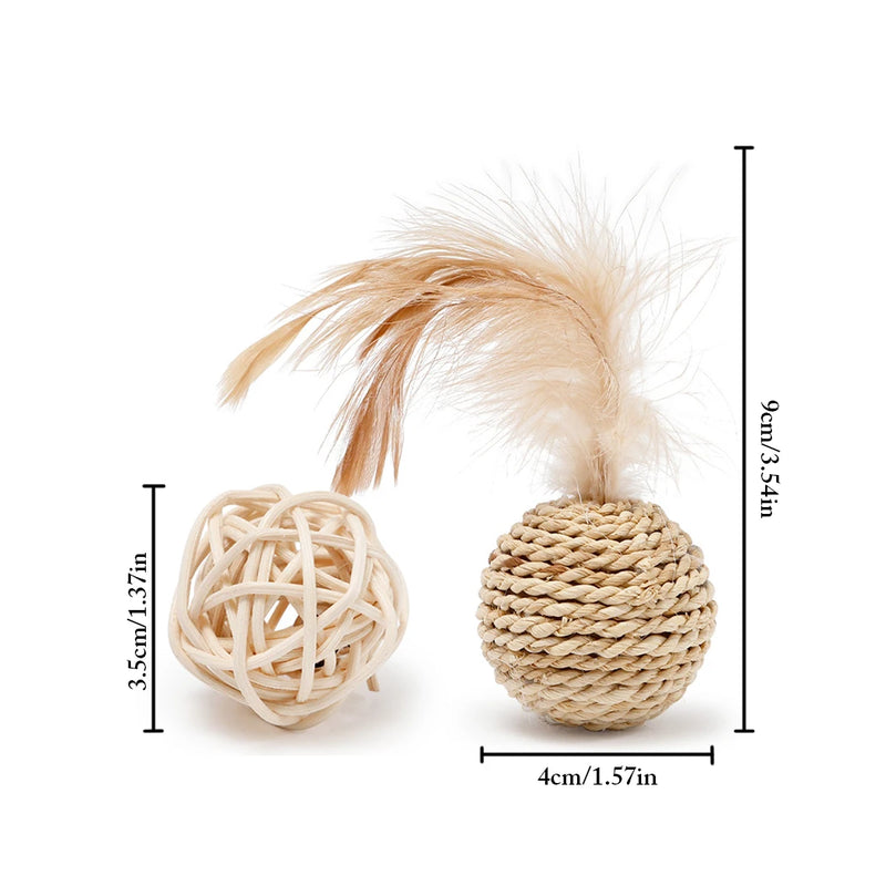 rattan ball and feather bell cat toy set, view 7 - MRSLM