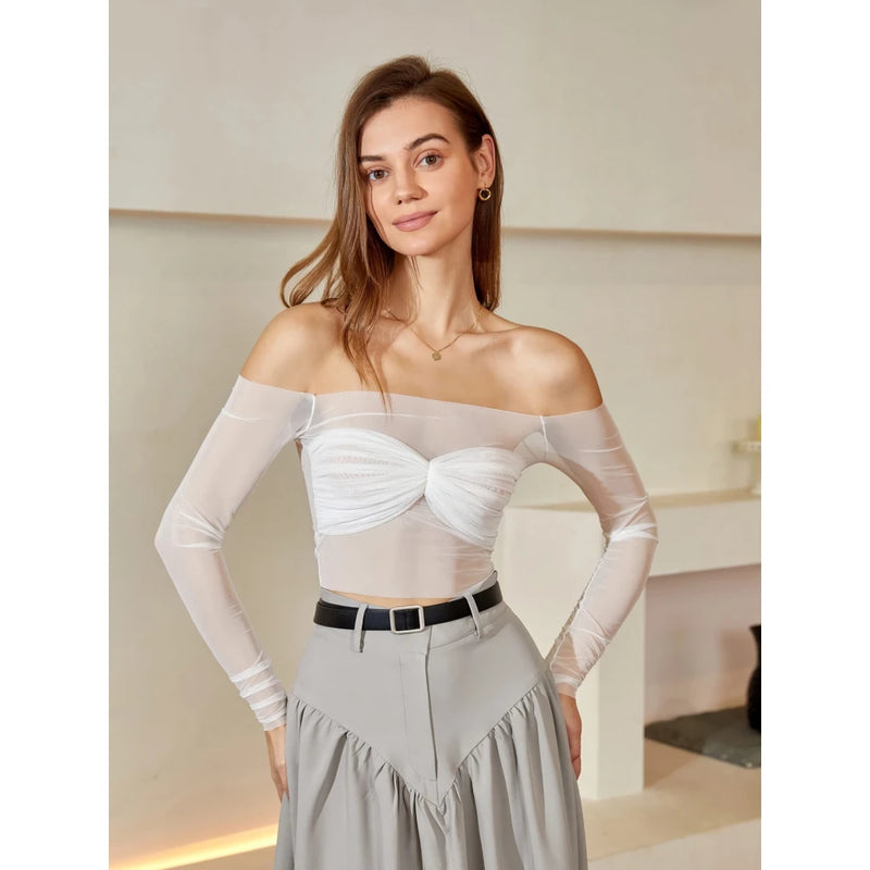 off-shoulder twist front sheer blouse, view 3 - MRSLM
