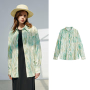 satin print long sleeve blouse, view 2 - MRSLM