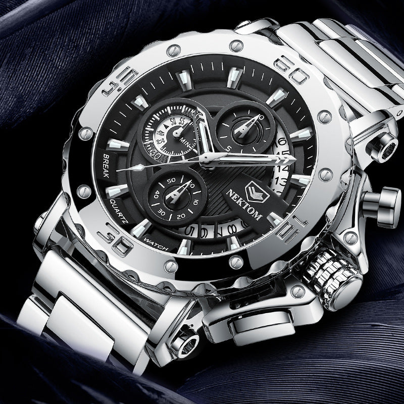 men's heavy steel band luminous quartz watch, view 2 - MRSLM