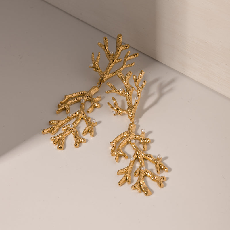 gold coral pearl pendant earrings, view 11 - MRSLM