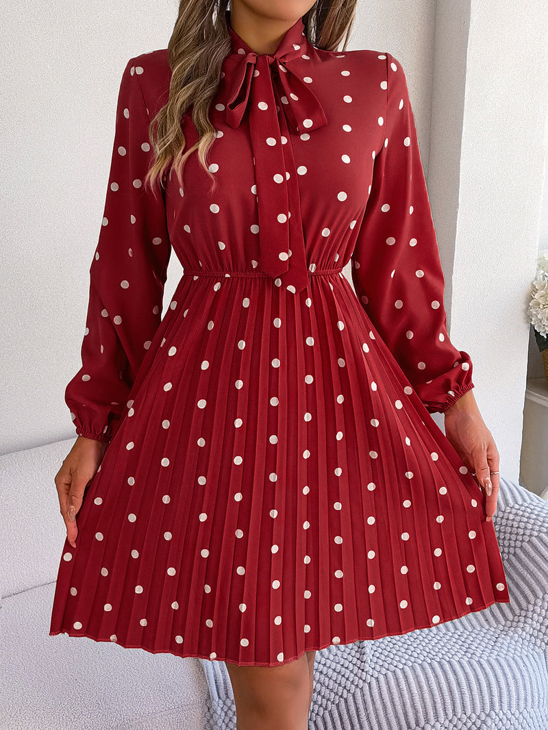 polka dot self-tie long sleeve pleated dress, view 3 - MRSLM