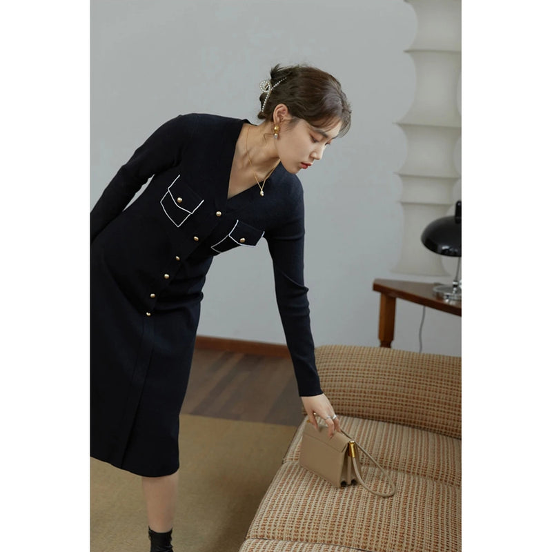 black v-neck knitted a-line dress, view 5 - MRSLM