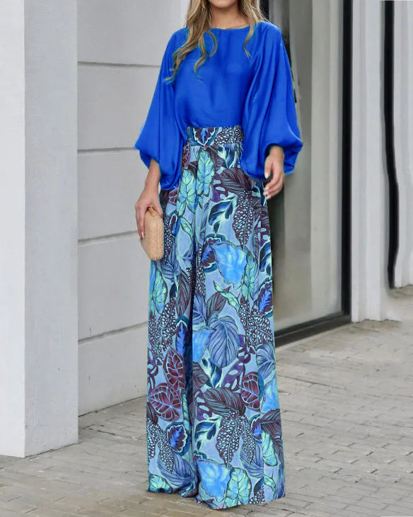 lantern sleeve printed top and wide leg pants set, view 5 - MRSLM