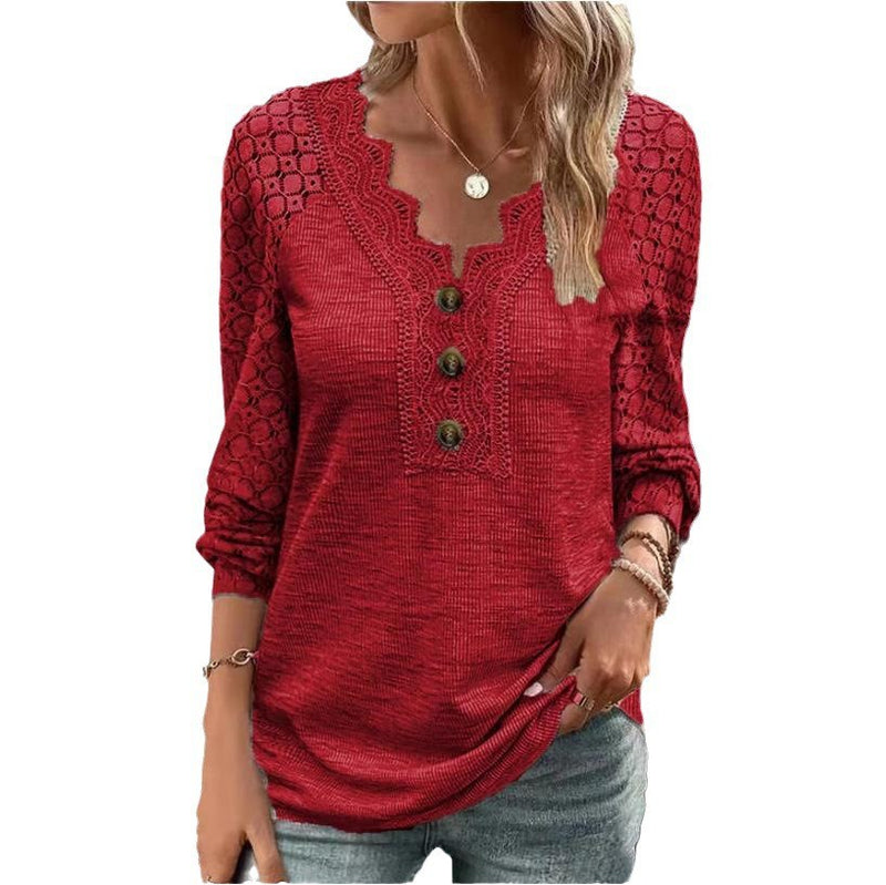 women's slim long sleeve lace top, view 2 - MRSLM