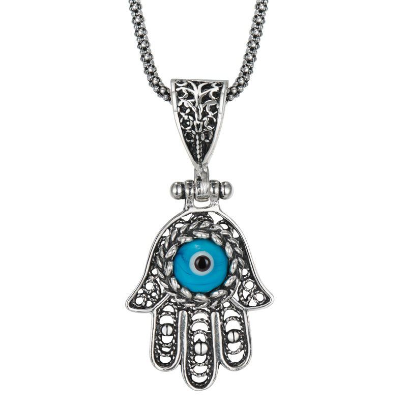 silver snake chain blue pendant necklace, view 4 - MRSLM