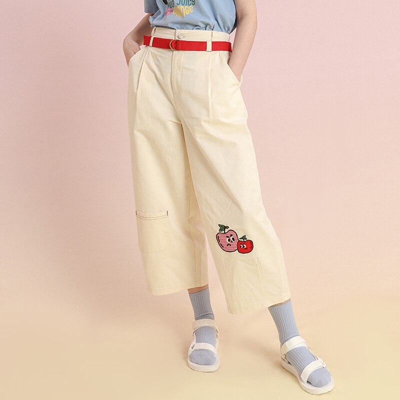 High-waist cotton pants with fruit embroidery, view 3 - MRSLM