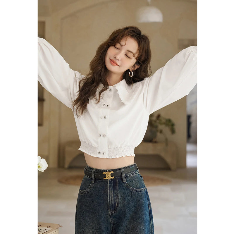 korean doll neck lace patchwork bubble sleeve top, view 5 - MRSLM