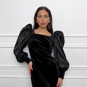 square collar puff sleeve knitted velvet dress, view 5 - MRSLM