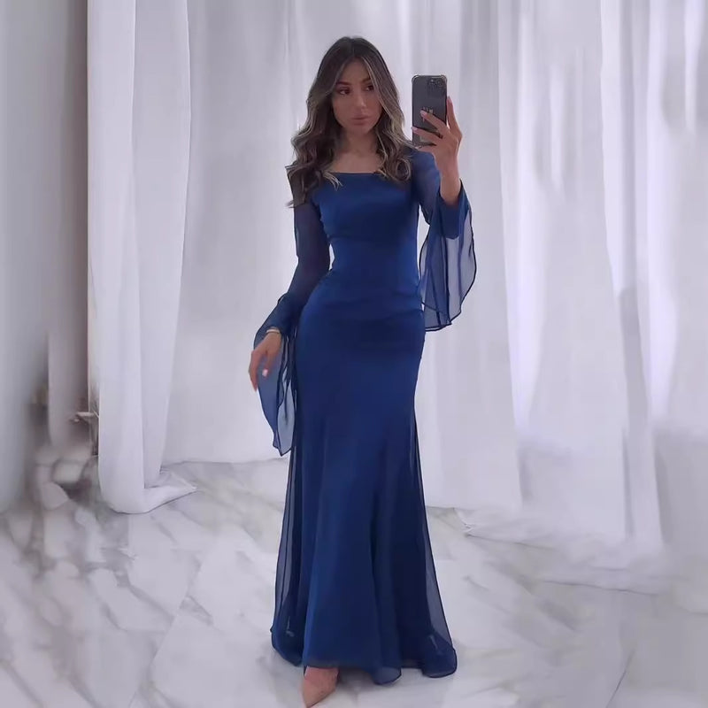 Chiffon ruffle sleeve long dress - MRSLM
