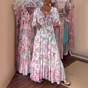 loose deep V puff sleeve long dress, view 2 - MRSLM