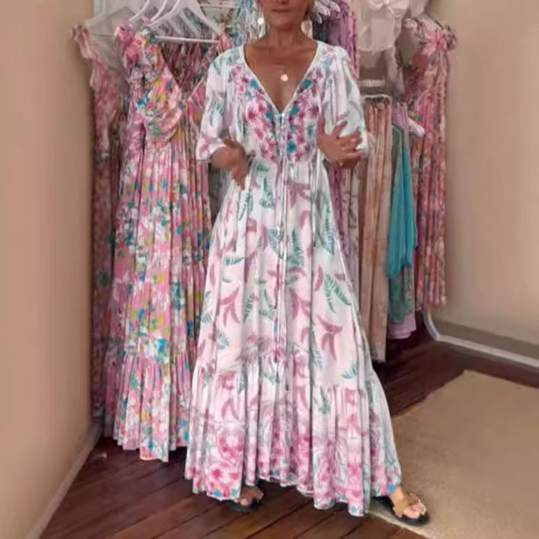 loose deep V puff sleeve long dress, view 2 - MRSLM