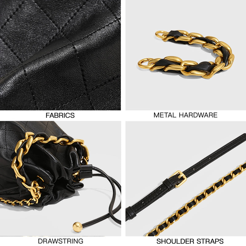 genuine leather quilted drawstring bucket bag, view 4 - MRSLM