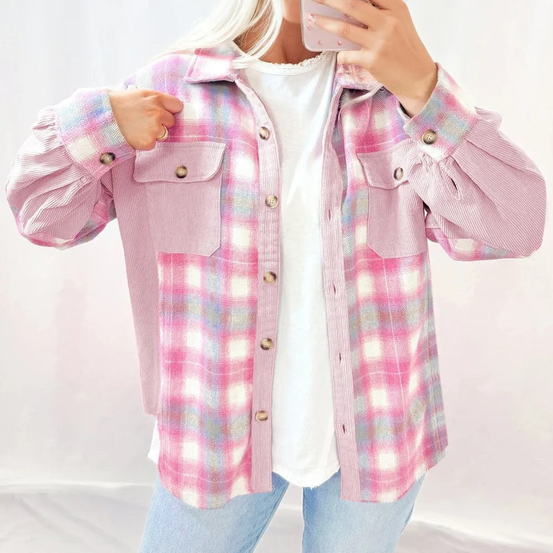 Women's pink plaid corduroy patchwork shacket - MRSLM