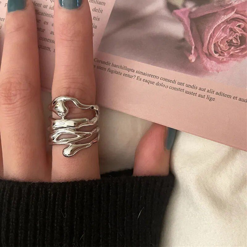 irregular hollow silver wide ring, view 4 - MRSLM