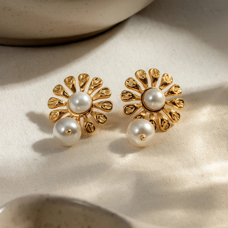 18k gold plated sunflower pearl earrings, view 6 - MRSLM