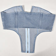 washed denim zipper tube top, view 9 - MRSLM