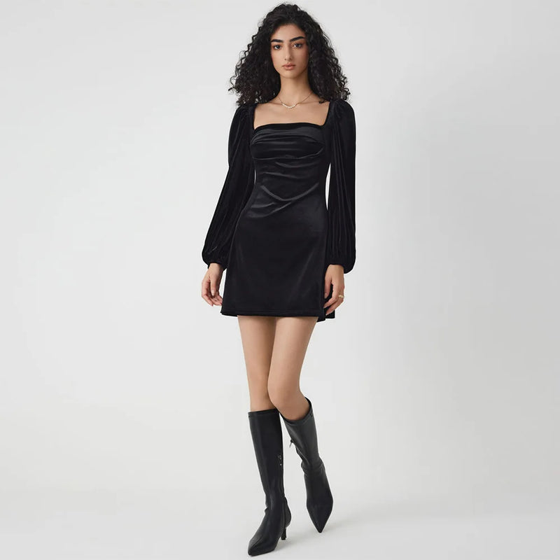 velvet square neck mini dress, view 5 - MRSLM