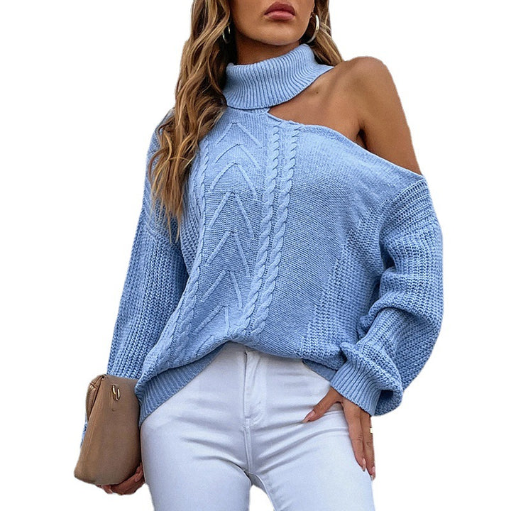 New Polo Collar Shoulder Drop Knit Solid Color Pullover Sweater For Women