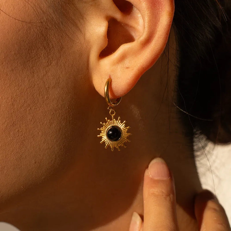 black agate sun pendant earrings, view 3 - MRSLM