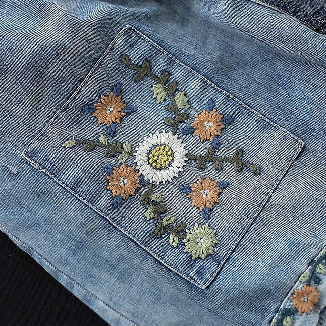 floral embroidery wide leg denim shorts, view 7 - MRSLM