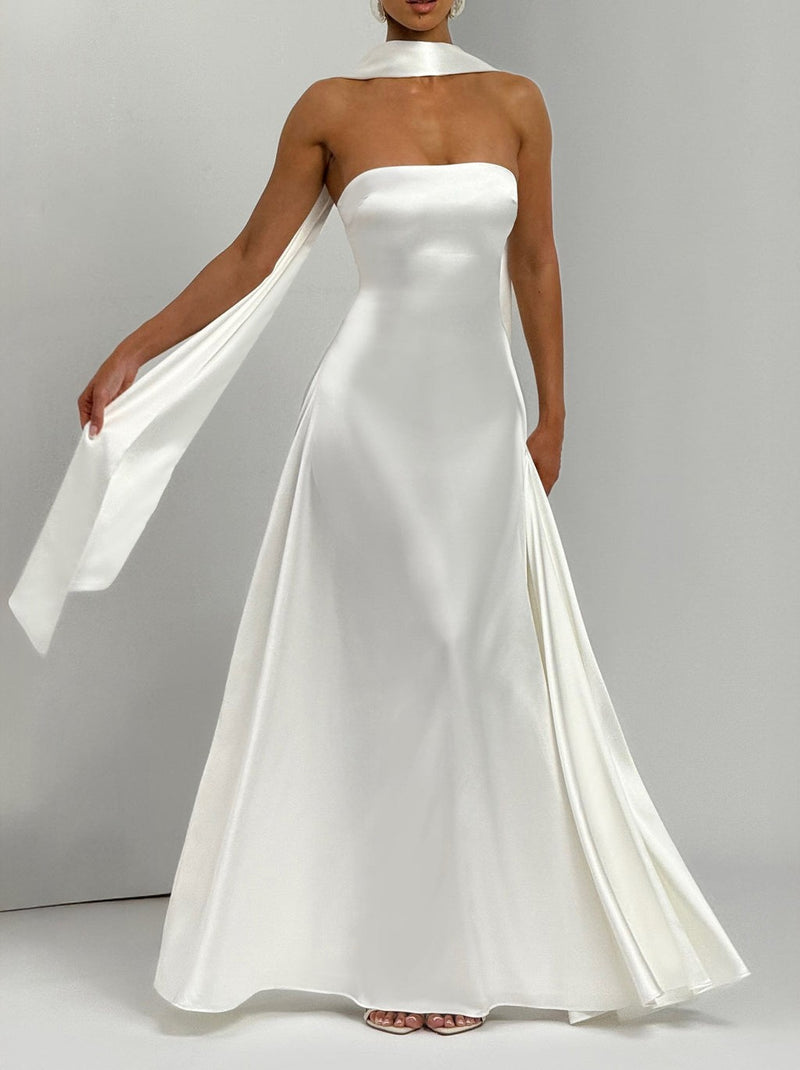 strapless satin maxi dress, view 9 - MRSLM