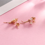 gold plated silver pink shell ribbon tassel earrings, view 2 - MRSLM
