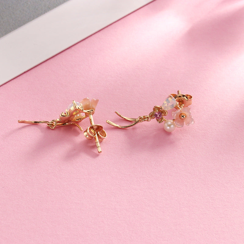 gold plated silver pink shell ribbon tassel earrings, view 2 - MRSLM