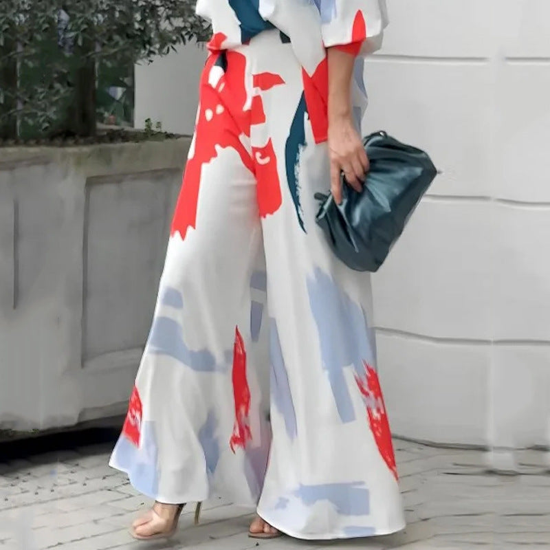 casual printed long sleeve top and loose pants set, view 4 - MRSLM