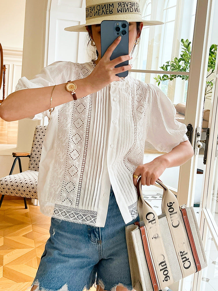 women's white embroidered cotton shirt, view 4 - MRSLM