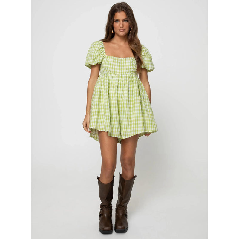 plaid puff sleeve jumpsuit dress, view 4 - MRSLM