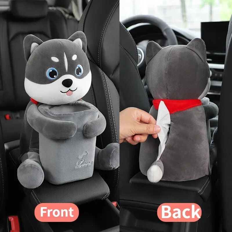 Plush car organizer with tissue box and trash bin, view 4 - MRSLM