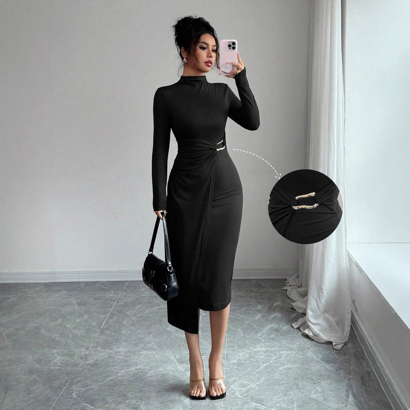 women's black knit maxi dress, view 3 - MRSLM
